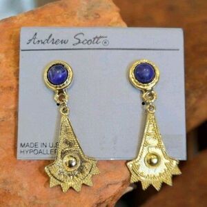 Vintage Andrew Scott Ancient Etruscan Style Faux Stones Dangle Pierced Earrings